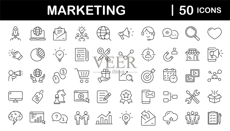线性风格的数字营销Web图标集:适用于Web和移动App的营销图标,包含销售、电子商务、SEO、商业、反馈、分析、广告、沟通、内容等矢量插画图标素材
