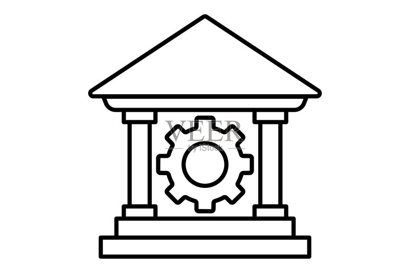 金融服务图标插画:带齿轮的建筑图标,行业相关线性图标,简约矢量设计图标素材
