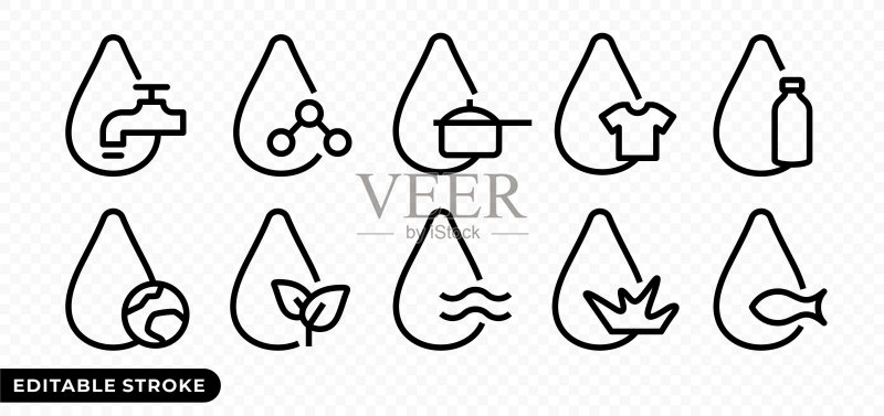 带水龙头、分子、平底锅、T恤和塑料瓶标志的水滴矢量图标。水滴与行星、植物、波浪、草和鱼标志的可编辑笔画图标图标素材