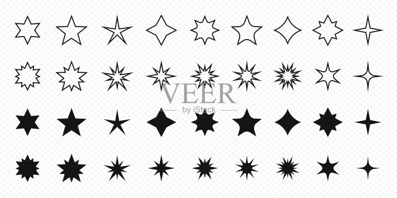星星形状,星星图标集合,隔离在透明背景上的星星图标,闪光图标,星 burst 图标,隔离矢量图形图标素材