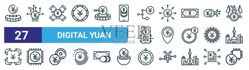 27个网页数字人民币细线轮廓图标集,如金钱、合作、位置、CPU、芯片矢量图标,适用于网页设计和移动应用图标素材