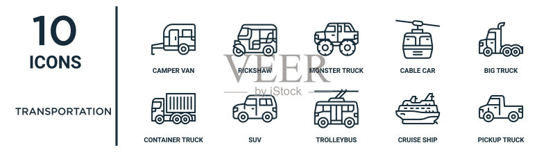 运输轮廓图标集:包括露营车、巨型卡车、大型卡车、SUV、游轮、皮卡车、集装箱图标,适用于报告、演示文稿、图表、网页设计图标素材