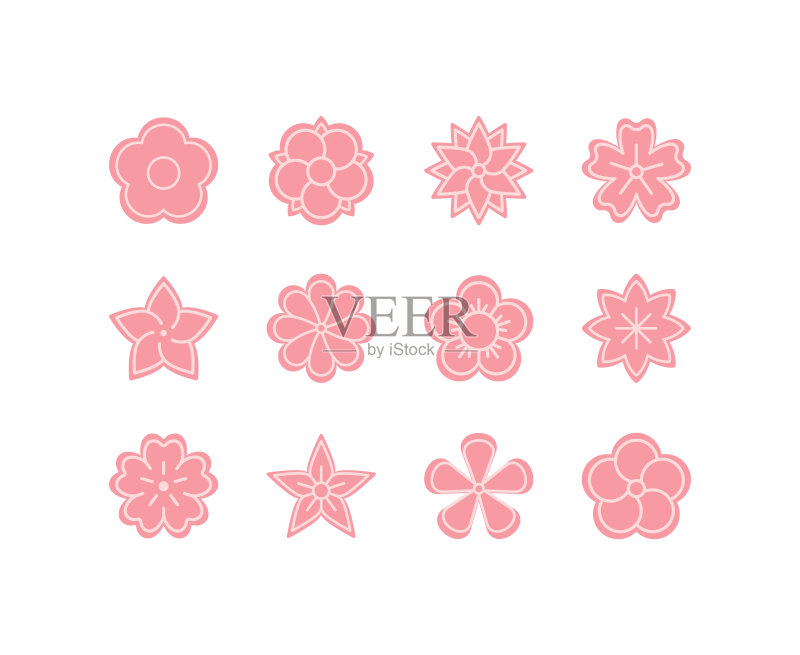 鲜花扁平线条图标集:郁金香、甘菊、向日葵、玫瑰、康乃馨等美丽花园植物图标, 适用于网站和App图标素材