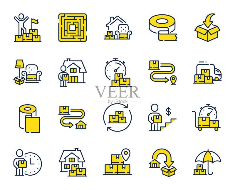 搬家服务线条图标:家具搬运租赁图标素材