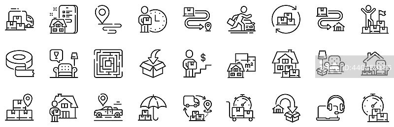 搬家服务线条图标:家具搬运租赁图标素材