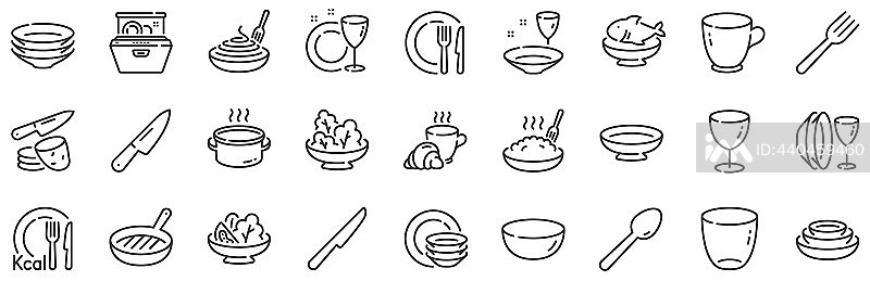 餐具线条图标,餐盘和食物碗图标素材