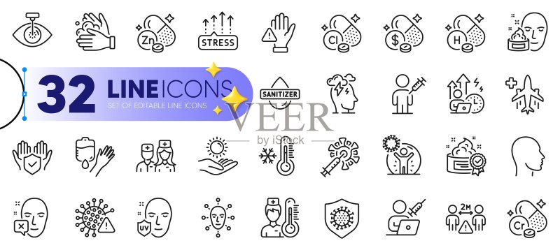 新冠病毒轮廓图标集:医疗飞行与血型,矢量素材图标素材