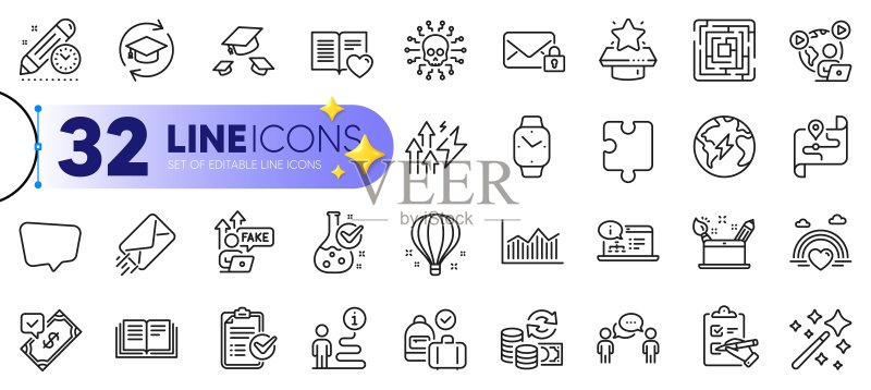 支持、在线文档和爱心书籍图标线性集,适用于网页应用程序。矢量素材图标素材