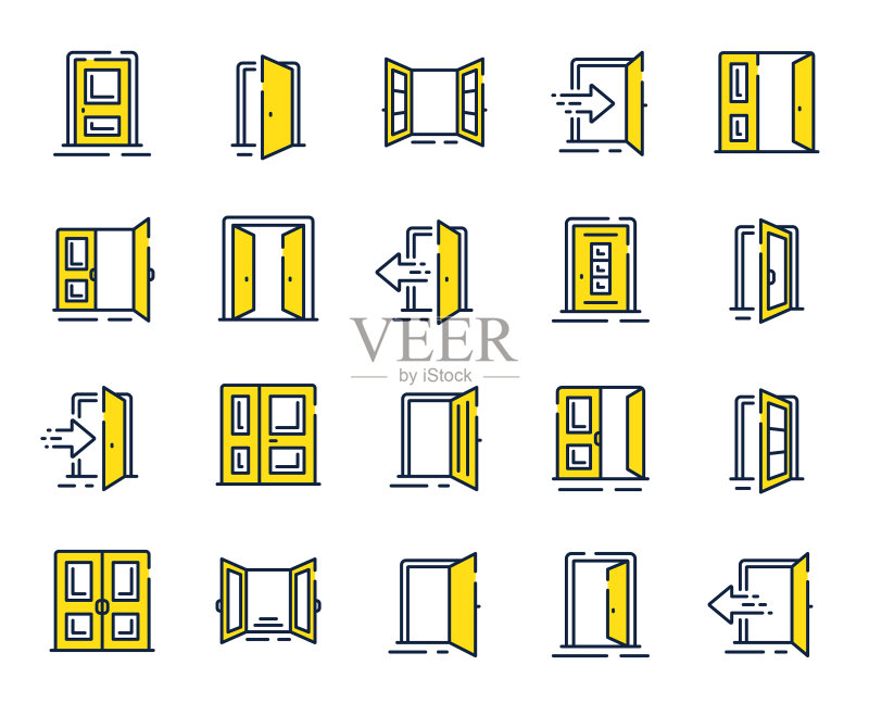 入口线条图标:打开的门和建筑物入口图标素材