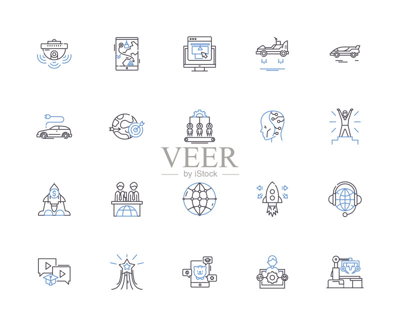 未来科技轮廓图标:AI、机器人、自动化、VR、量子计算、AR、生物技术矢量概念集。机器学习、纳米技术、3D打印线性标志图标素材