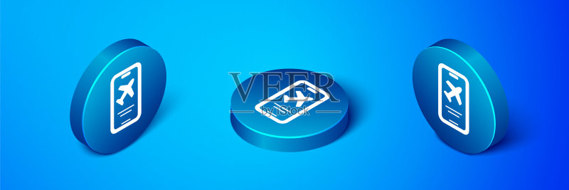 2.5D智能手机电子登机牌机票图标矢量图,蓝色圆形按钮,适用于网页和APP图标素材