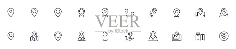 地图图钉概念:现代高质量图钉线条图标集合,可编辑笔触,适用于网站、宣传单、banner和在线商店及公司的高级线性符号图标素材