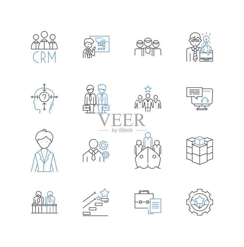 客户服务线性图标集合。满意度、服务、反馈、支持、忠诚度、尊重、关注矢量和线性插图。响应能力、沟通、同理心轮廓标志集图标素材