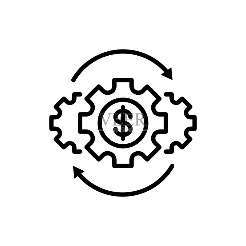 资金管理细线图标。投资、金融流通、金融运作、资金收入。带有箭头的齿轮。矢量图解。图标素材