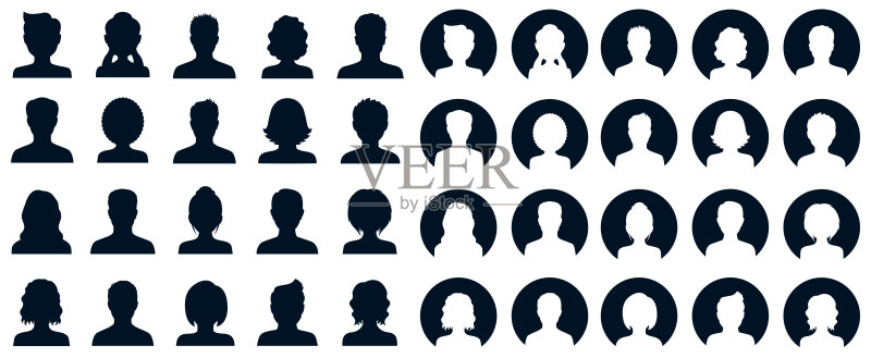 男女头像剪影图标组合。男女头像轮廓标志,面部轮廓logo - 库存素材图标素材