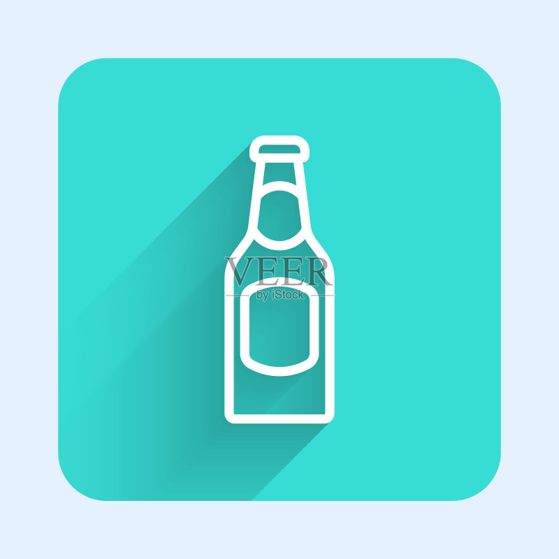 啤酒瓶图标,带长阴影背景。绿色方块按钮矢量图图标素材