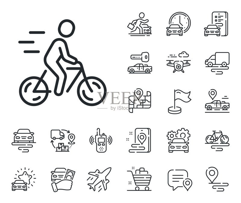 骑自行车者线条图标,飞机、供应链和位置标志矢量图图标素材