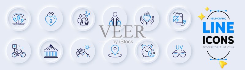 用于Web应用程序的图钉、睡眠和爱情锁线条图标。象形图图标。矢量图标素材