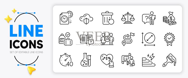 定时器、说明书和化学实验室线性图标,适用于Web应用矢量图图标素材