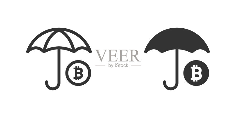 加密货币保险图标:比特币标志和雨伞图标图标素材