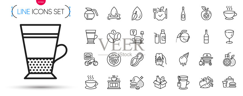 过量服药、蔬菜和冰淇淋线性图标。象形图。矢量图图标素材