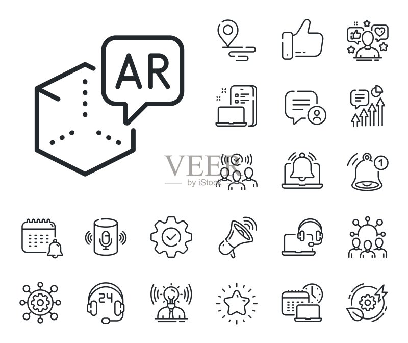 增强现实线条图标。VR模拟标志。3D立方体。地点位置、技术和智能扬声器。矢量图标素材