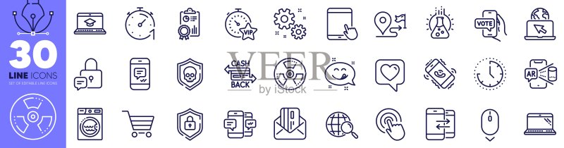 心形、向下滚动和化学危害线性图标包。适用于Web应用程序。矢量图图标素材