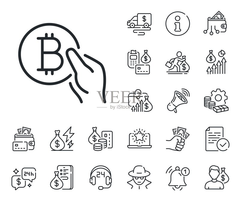 比特币支付线性图标:加密货币硬币符号,现金、贷款和抵押图标素材