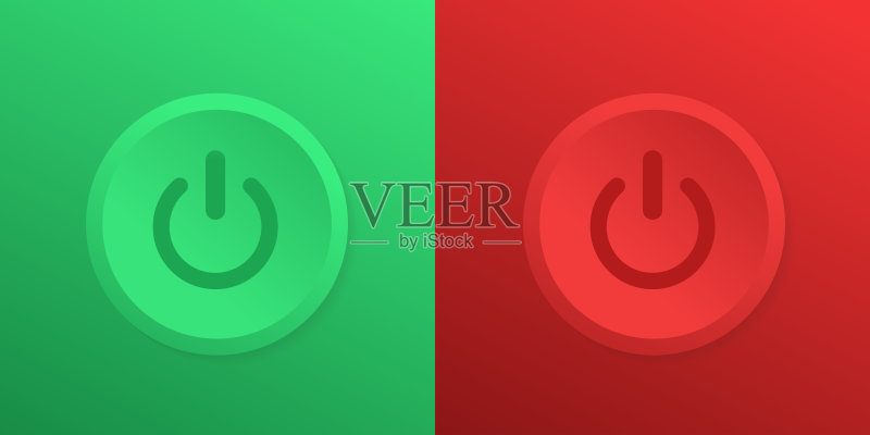 白色背景上的电源按钮图标。用于banner网站的Web按钮。开启/关闭图标界面。绿色和红色按钮。矢量图图标素材