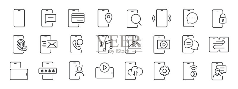 智能手机功能细线图标,可编辑笔触。适用于网站营销设计、logo、App、模板、UI等。矢量素材。图标素材