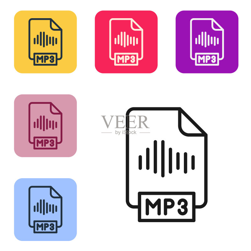MP3文件文档,白色背景上的MP3音乐格式符号,彩色方形按钮中的图标矢量图图标素材