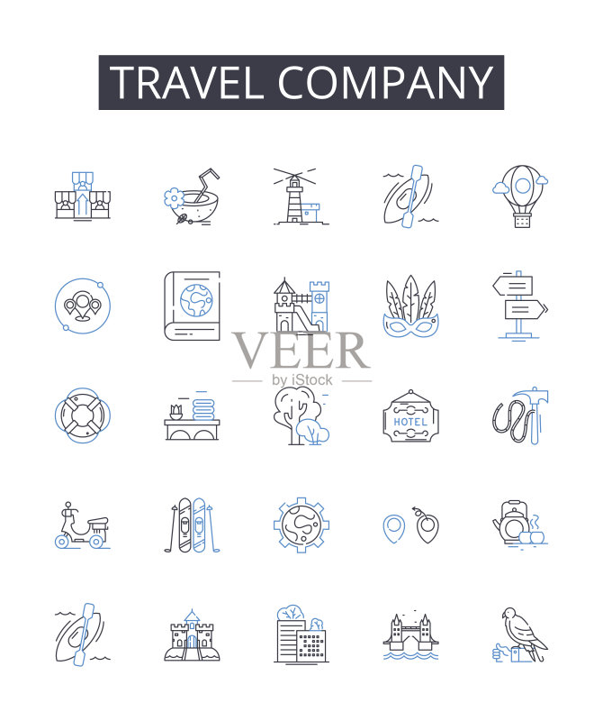 旅行社线性图标合集:邮资、运输、快递、信封、包裹、明信片矢量线性插图。邮票、快递员、优先派送标志图标素材