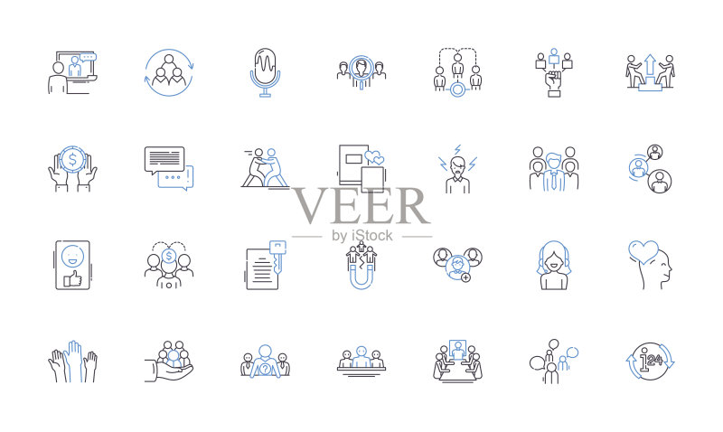 合作关系图标系列:协作、协同、信任、凝聚力、合作、友谊、团队合作矢量线性插图。联盟、团结、相互依存轮廓标志图标素材