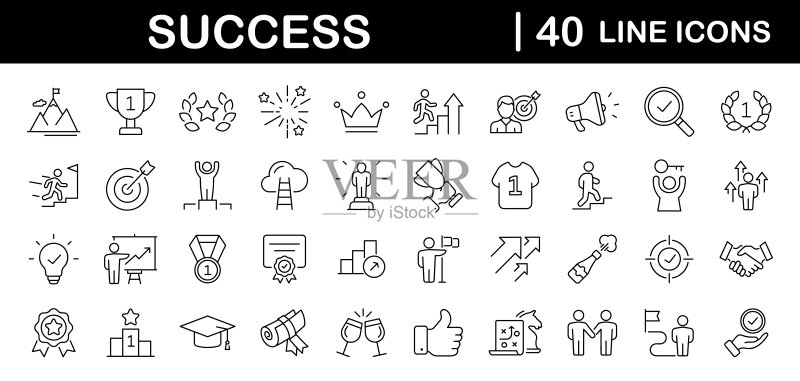 线性风格的Web图标成功集:适用于Web和移动应用的各种目标和靶标图标,包括竞赛、奖励、成就、桂冠、奖赏、胜利者、动力、目的、计划和过程图标素材