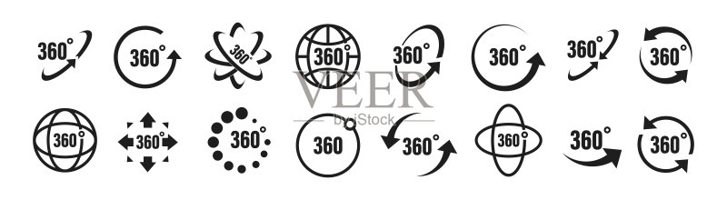 360度矢量图标集。带有箭头旋转到360度的圆形标志。旋转符号隔离在透明背景上。矢量图。图标素材