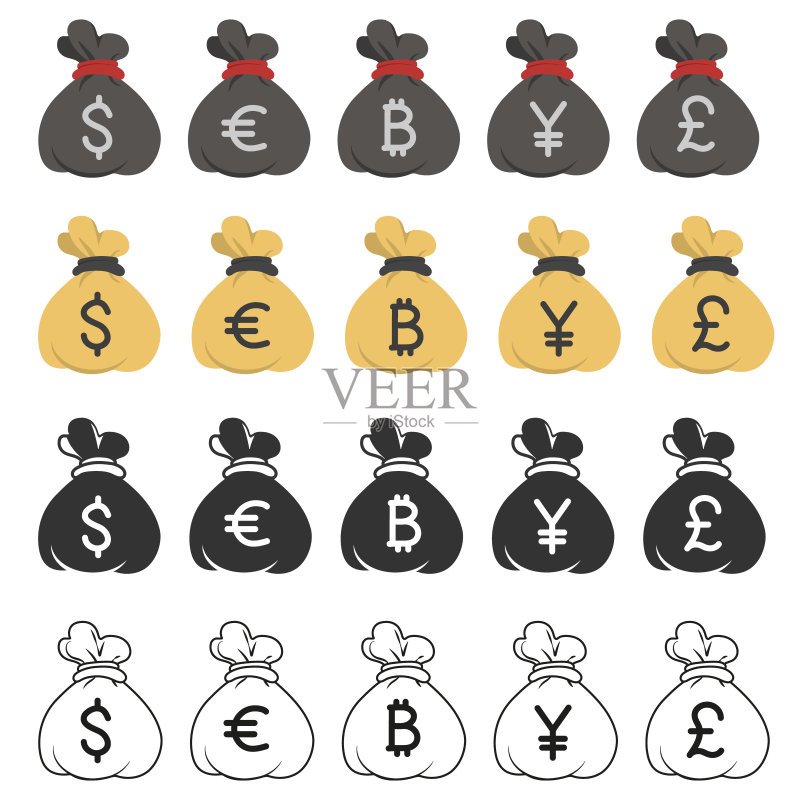 带有不同货币符号的钱袋 - 矢量图标集合,美元、欧元、英镑、日元、比特币符号图标素材