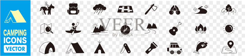 露营,家庭和旅游细线Web图标集矢量图图标素材