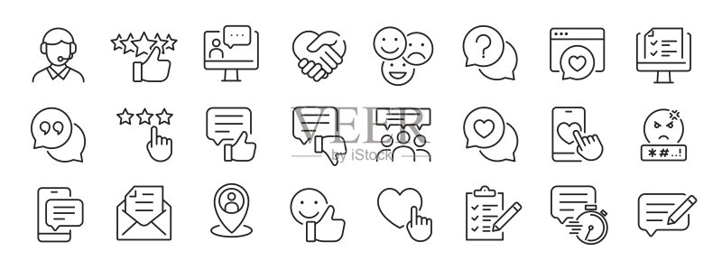 反馈、客户评价、客户细线图标。可编辑笔画。适用于网站营销设计、logo、app、模板、UI等。矢量图。图标素材