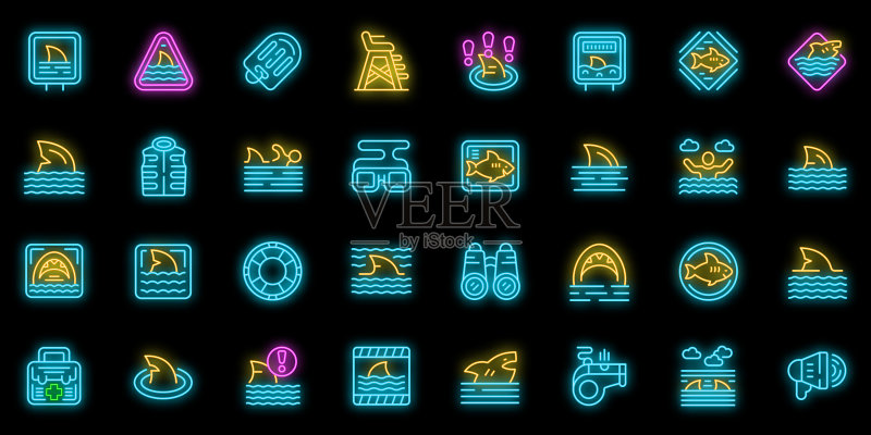 注意鲨鱼图标霓虹灯套装图标素材