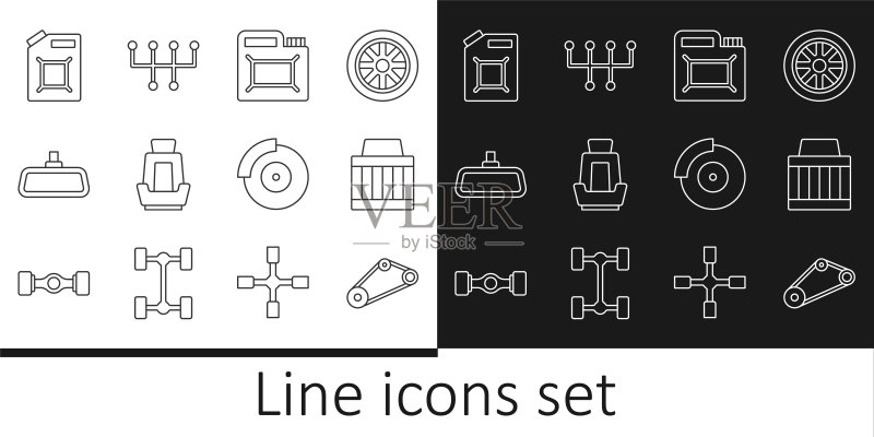 汽车正时皮带套件、空气滤清器、机油滤清器、座椅、后视镜、汽油、带卡钳的制动盘和换档杆图标矢量素材图标素材