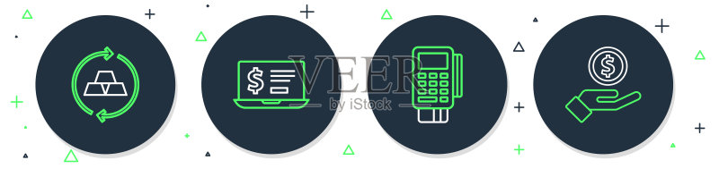 具有美元、POS机信用卡、金条和支付图标的笔记本电脑矢量素材图标素材