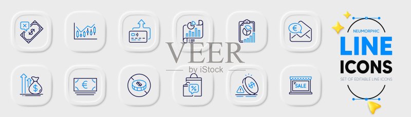 通货膨胀、银行卡和金融图表Web应用线性图标。矢量象形图图标素材