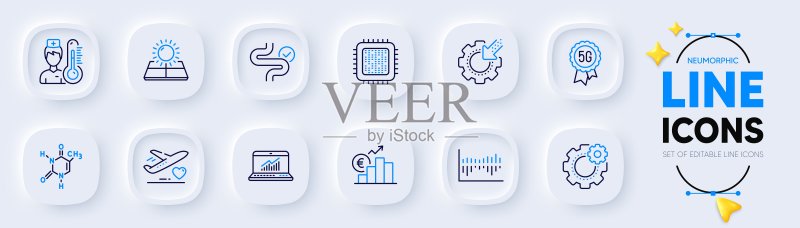 5G技术、在线统计和化学方程式线条图标,适用于Web应用程序。象形图图标。矢量图形图标素材