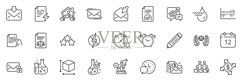 电力证书、团队合作和在家工作线性图标包,适用于Web应用程序矢量素材图标素材