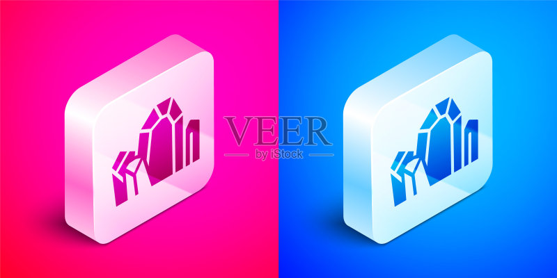 2.5D宝石图标,粉蓝色背景。珠宝钻石银色方块按钮矢量图图标素材