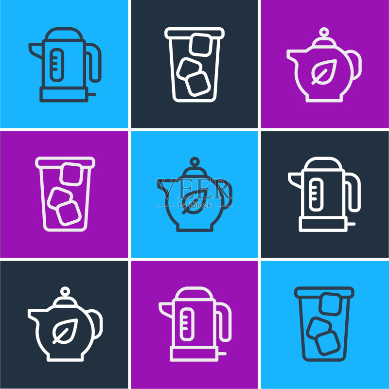 电水壶、带叶茶壶和冰茶图标矢量图图标素材