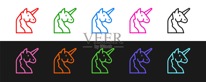设置在黑色和白色背景上隔离的线独角兽图标。矢量图标素材