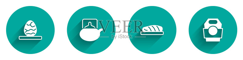 茶叶蛋、传统仪式、鱼排和亚洲面条纸盒图标与长阴影矢量素材图标素材