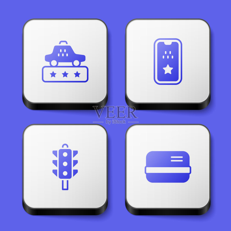 出租车服务评级、手机App、交通灯和信用卡图标白色方形按钮矢量图图标素材