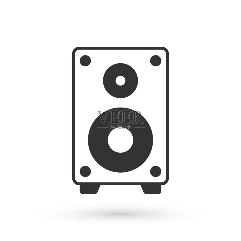 灰色立体声音响图标,白色背景。音响系统扬声器,音乐图标,音乐柱式扬声器低音设备,矢量图图标素材